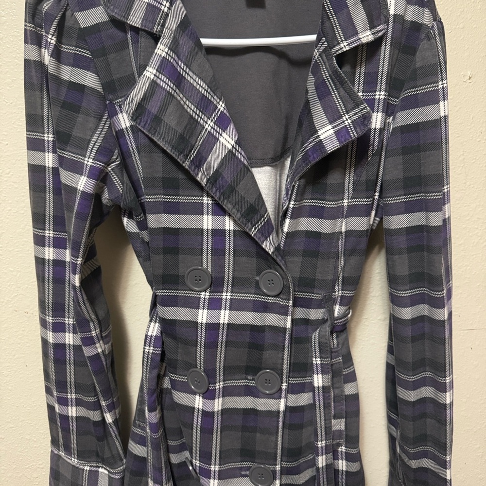 Self Esteem Purple and Gray Plaid Pea Coat size L